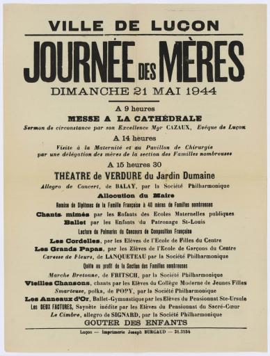 Luçon Impr. J. Burgaud Ville de Luçon. Journée des Mères : [programme], dimanche 21 mai 1944.